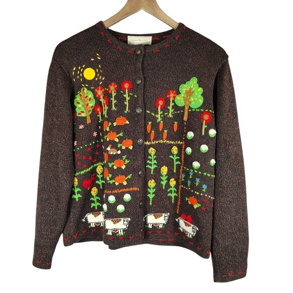 Susan Bristol Sweaters - Vtg 90s Susan Bristol Farmcore Knit Cardigan M Sweater Cow Garden Cottagecore